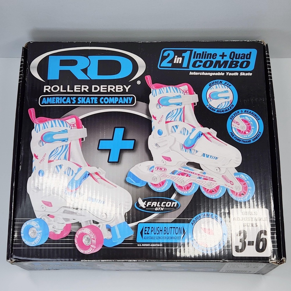 Roller Derby Falcon GTX Girls Adjustable 3-6 White Pink Inline Quad Skates Combo - Picture 2 of 16